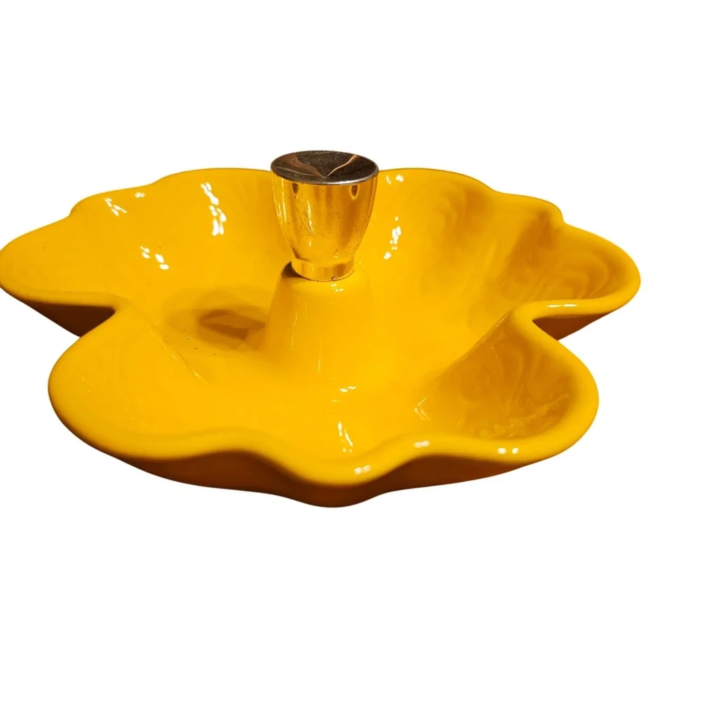 Vintage Yellow Ceramic 3 Section Candy Dish Gold Handle Mid Century Modern 7.5in